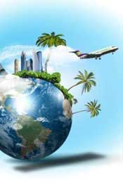 slika zemljine kugle sa palmama i avionom koji izlece iz nje, koja simbolizuje stomatoloski turizam